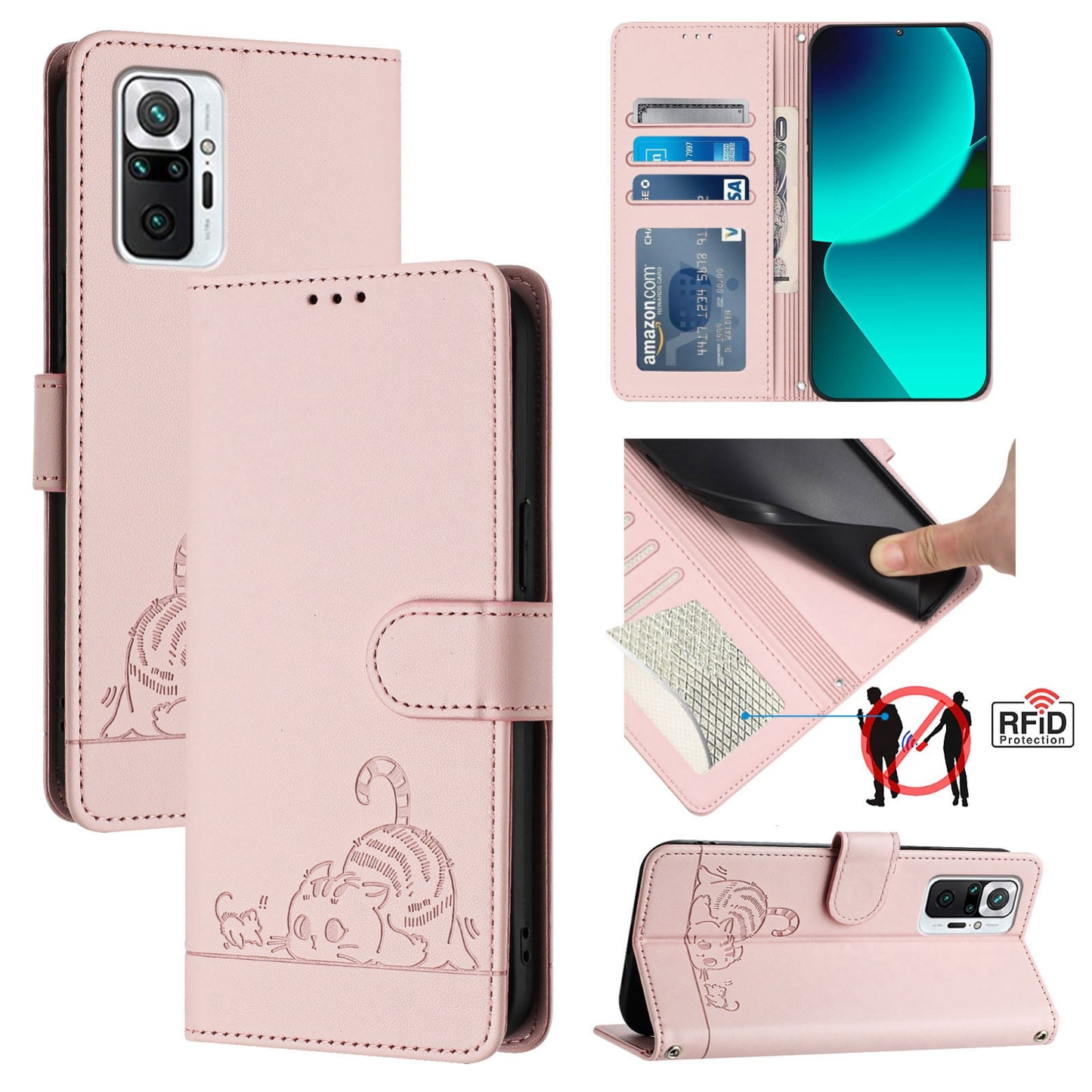Xiaomi Redmi Note 10 Pro India Cat and Mouse Embossed PU Leather RFID Case with Wallet Slots, Anti-Fall Protection, Kickstand, and Lanyard-buycases.co.uk