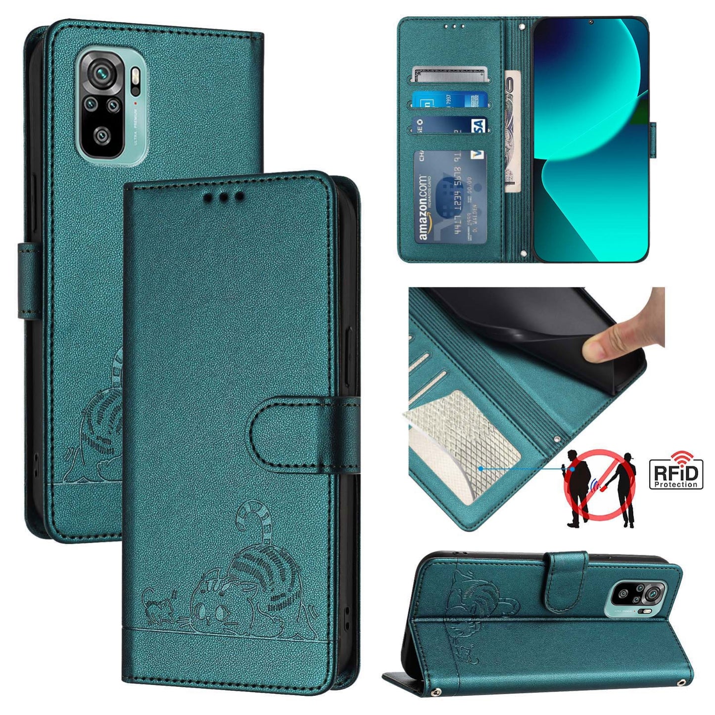Xiaomi Redmi Note 10 4G Cat and Mouse Embossed PU Leather RFID Case with Wallet Slots, Anti-Fall Protection, Kickstand, and Lanyard-buycases.co.uk