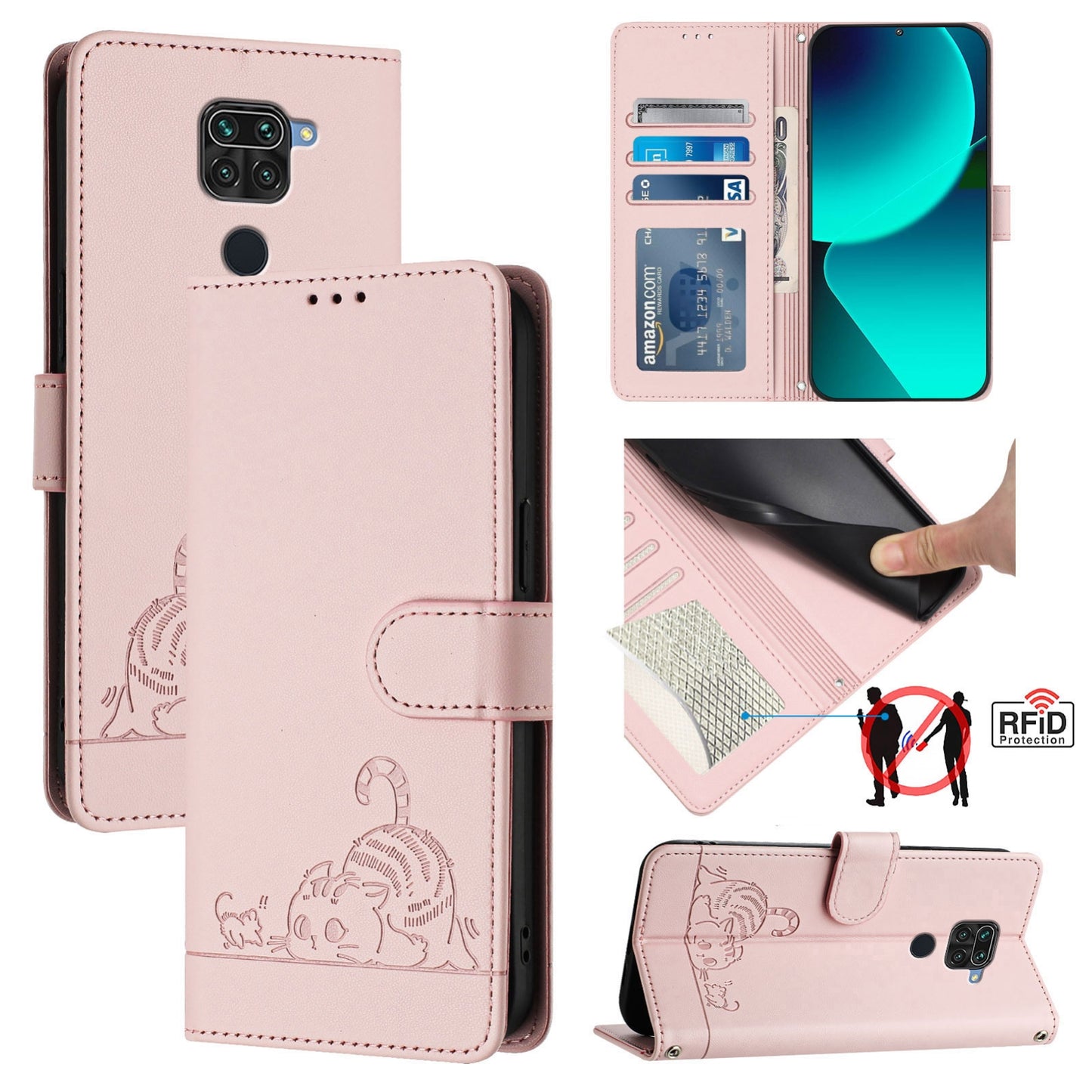 Xiaomi Redmi 10X 4G Cat and Mouse Embossed PU Leather RFID Case with Wallet Slots, Anti-Fall Protection, Kickstand, and Lanyard-buycases.co.uk
