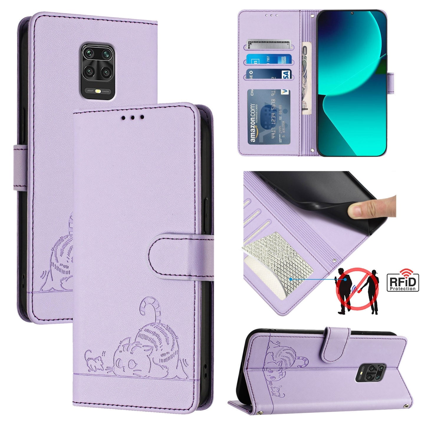 Xiaomi Redmi Note 9S 4G Cat and Mouse Embossed PU Leather RFID Case with Wallet Slots, Anti-Fall Protection, Kickstand, and Lanyard-buycases.co.uk