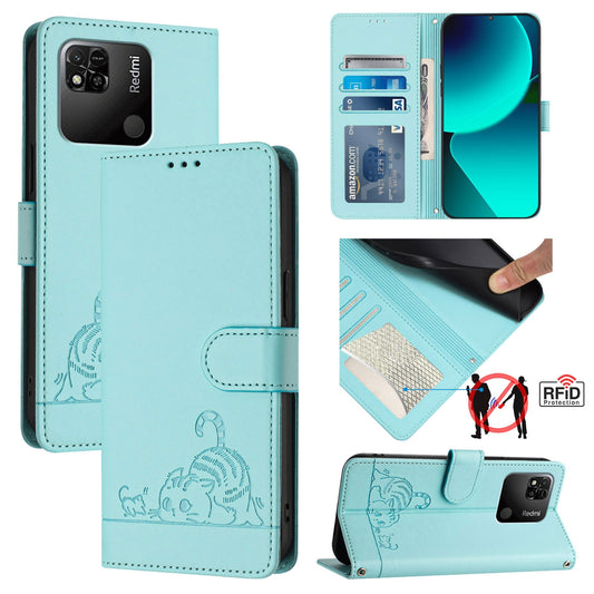 Xiaomi Redmi 9C Cat and Mouse Embossed PU Leather RFID Case with Wallet Slots, Anti-Fall Protection, Kickstand, and Lanyard-buycases.co.uk
