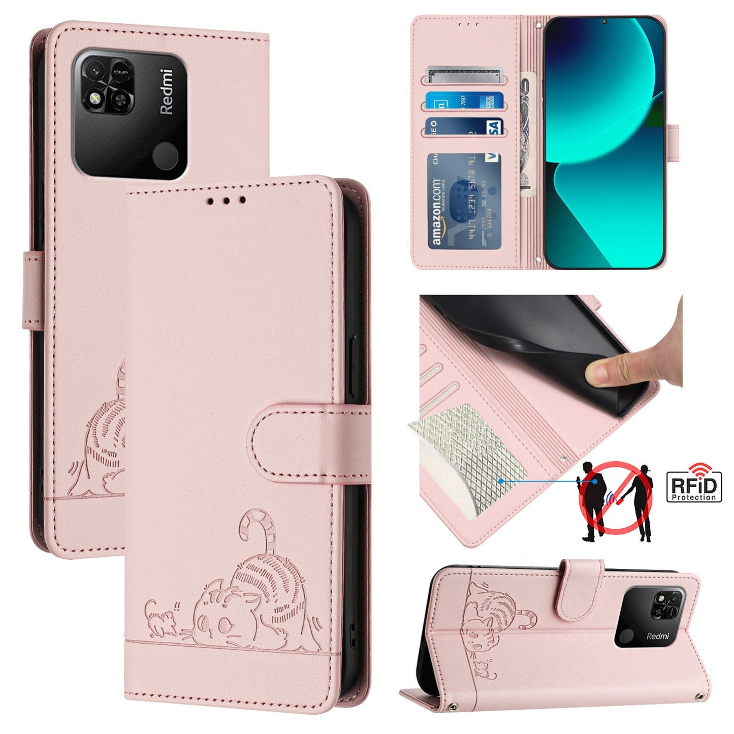 Xiaomi Redmi 9C Cat and Mouse Embossed PU Leather RFID Case with Wallet Slots, Anti-Fall Protection, Kickstand, and Lanyard-buycases.co.uk