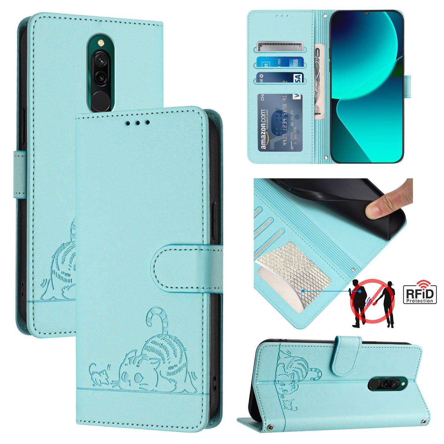 Xiaomi Redmi 8 Cat and Mouse Embossed PU Leather RFID Case with Wallet Slots, Anti-Fall Protection, Kickstand, and Lanyard-buycases.co.uk