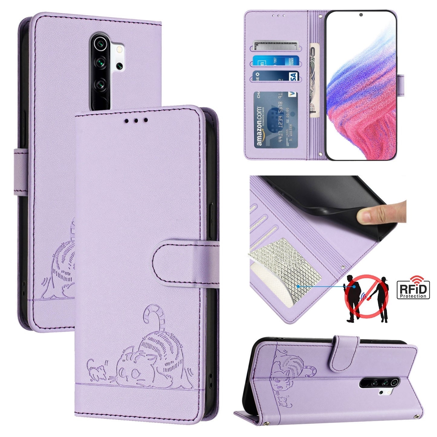 Xiaomi Redmi Note 8 Pro Cat and Mouse Embossed PU Leather RFID Case with Wallet Slots, Anti-Fall Protection, Kickstand, and Lanyard-buycases.co.uk