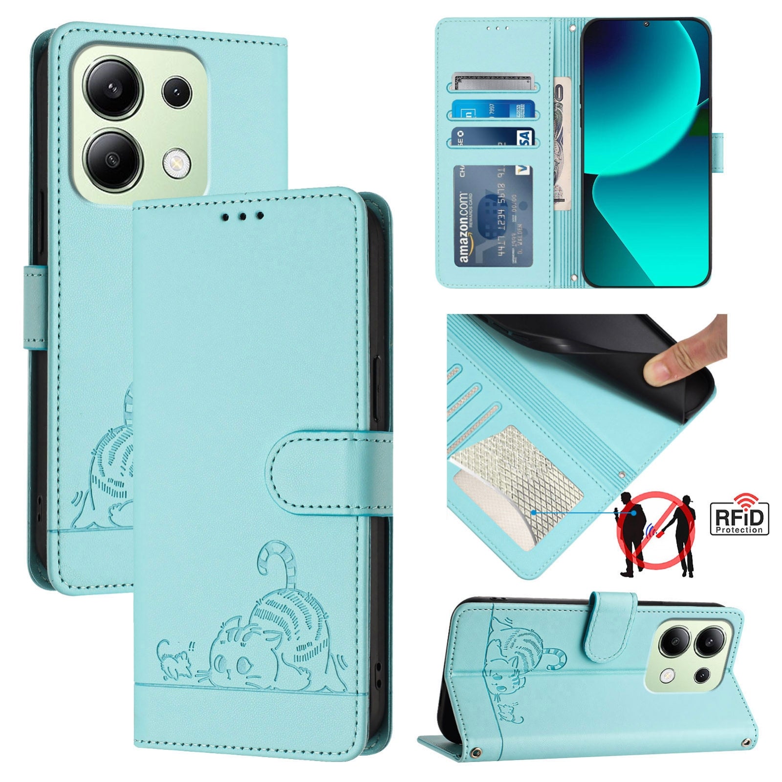 Xiaomi Redmi Note 13 4G Global Cat and Mouse Embossed PU Leather RFID Case with Wallet Slots, Anti-Fall Protection, Kickstand, and Lanyard-buycases.co.uk