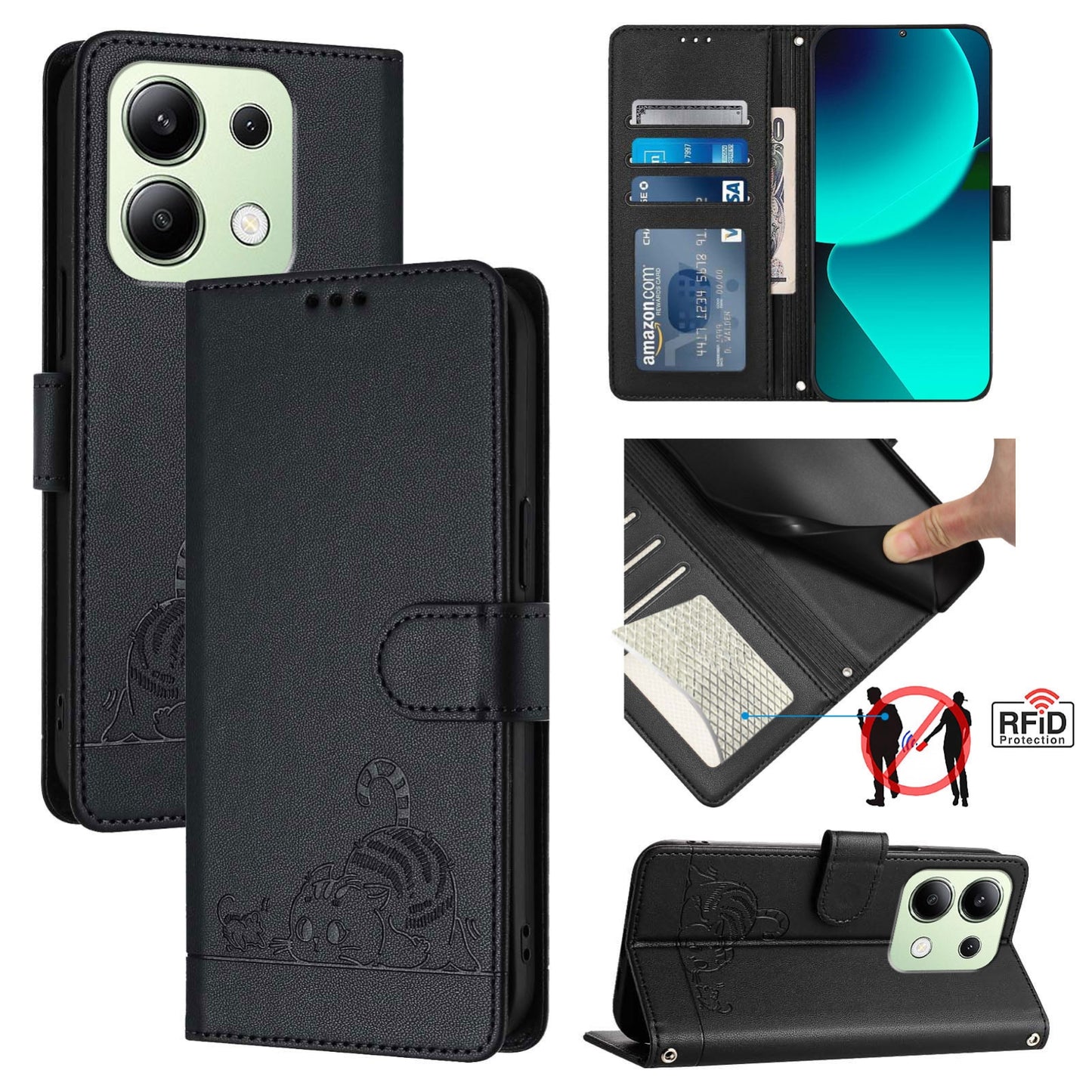 Xiaomi Redmi Note 13 4G Global Cat and Mouse Embossed PU Leather RFID Case with Wallet Slots, Anti-Fall Protection, Kickstand, and Lanyard-buycases.co.uk
