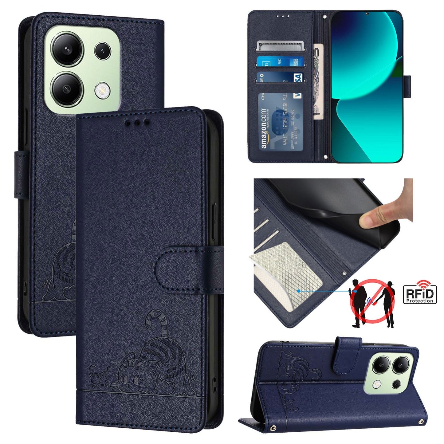 Xiaomi Redmi Note 13 4G Global Cat and Mouse Embossed PU Leather RFID Case with Wallet Slots, Anti-Fall Protection, Kickstand, and Lanyard-buycases.co.uk
