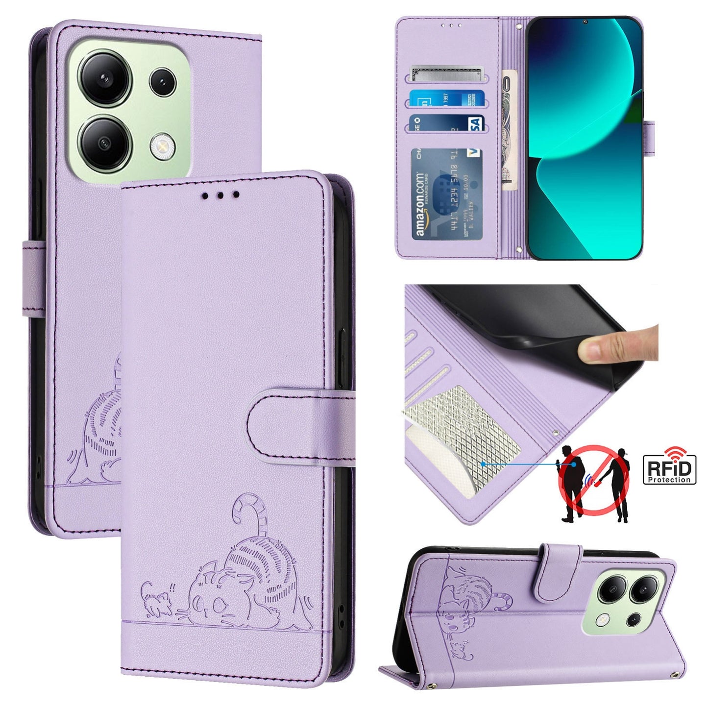 Xiaomi Redmi Note 13 4G Global Cat and Mouse Embossed PU Leather RFID Case with Wallet Slots, Anti-Fall Protection, Kickstand, and Lanyard-buycases.co.uk
