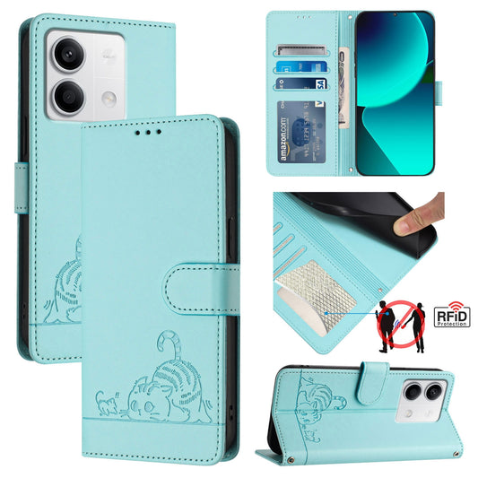 Xiaomi Redmi Note 13 5G Global Cat and Mouse Embossed PU Leather RFID Case with Wallet Slots, Anti-Fall Protection, Kickstand, and Lanyard-buycases.co.uk