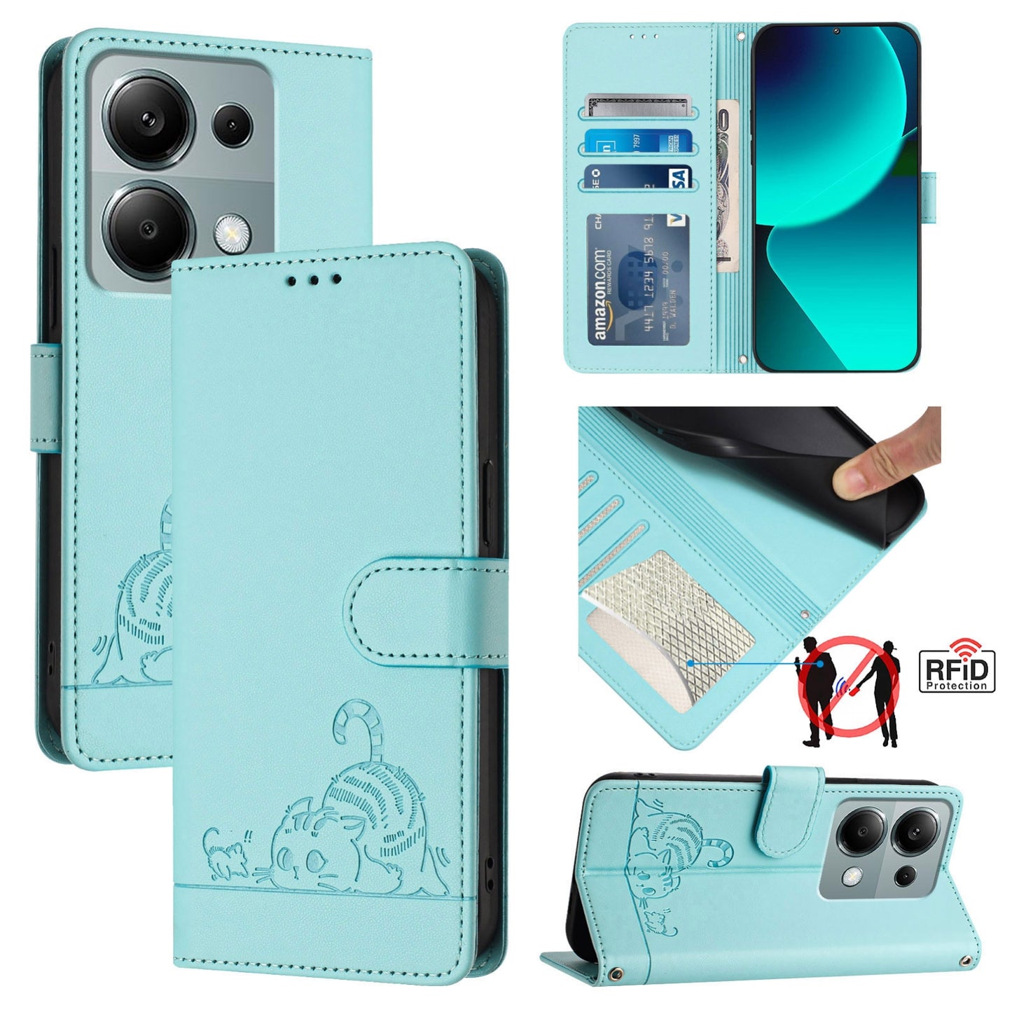 Xiaomi Redmi Note 13 Pro 4G Global Cat and Mouse Embossed PU Leather RFID Case with Wallet Slots, Anti-Fall Protection, Kickstand, and Lanyard-buycases.co.uk