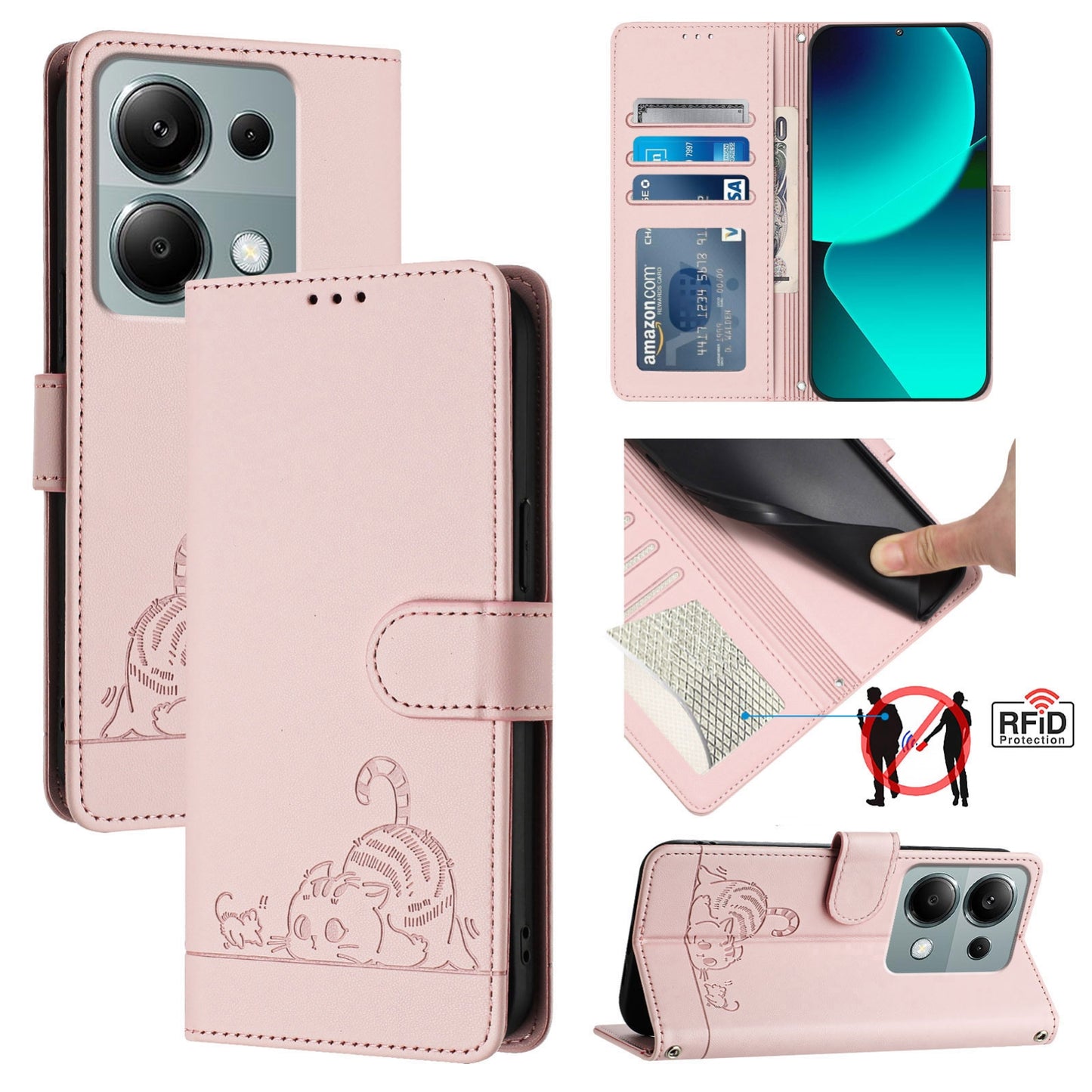 Xiaomi Redmi Note 13 Pro 4G Global Cat and Mouse Embossed PU Leather RFID Case with Wallet Slots, Anti-Fall Protection, Kickstand, and Lanyard-buycases.co.uk