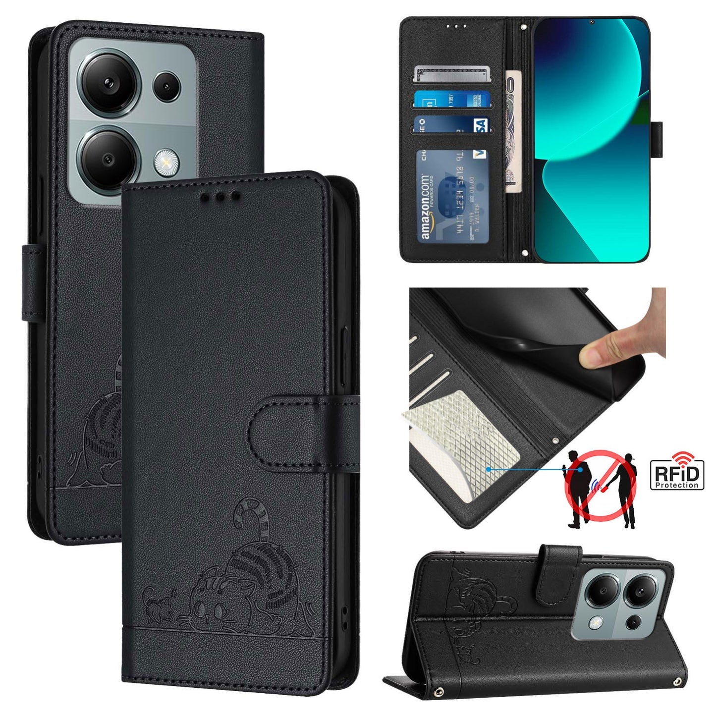Xiaomi Redmi Note 13 Pro 4G Global Cat and Mouse Embossed PU Leather RFID Case with Wallet Slots, Anti-Fall Protection, Kickstand, and Lanyard-buycases.co.uk
