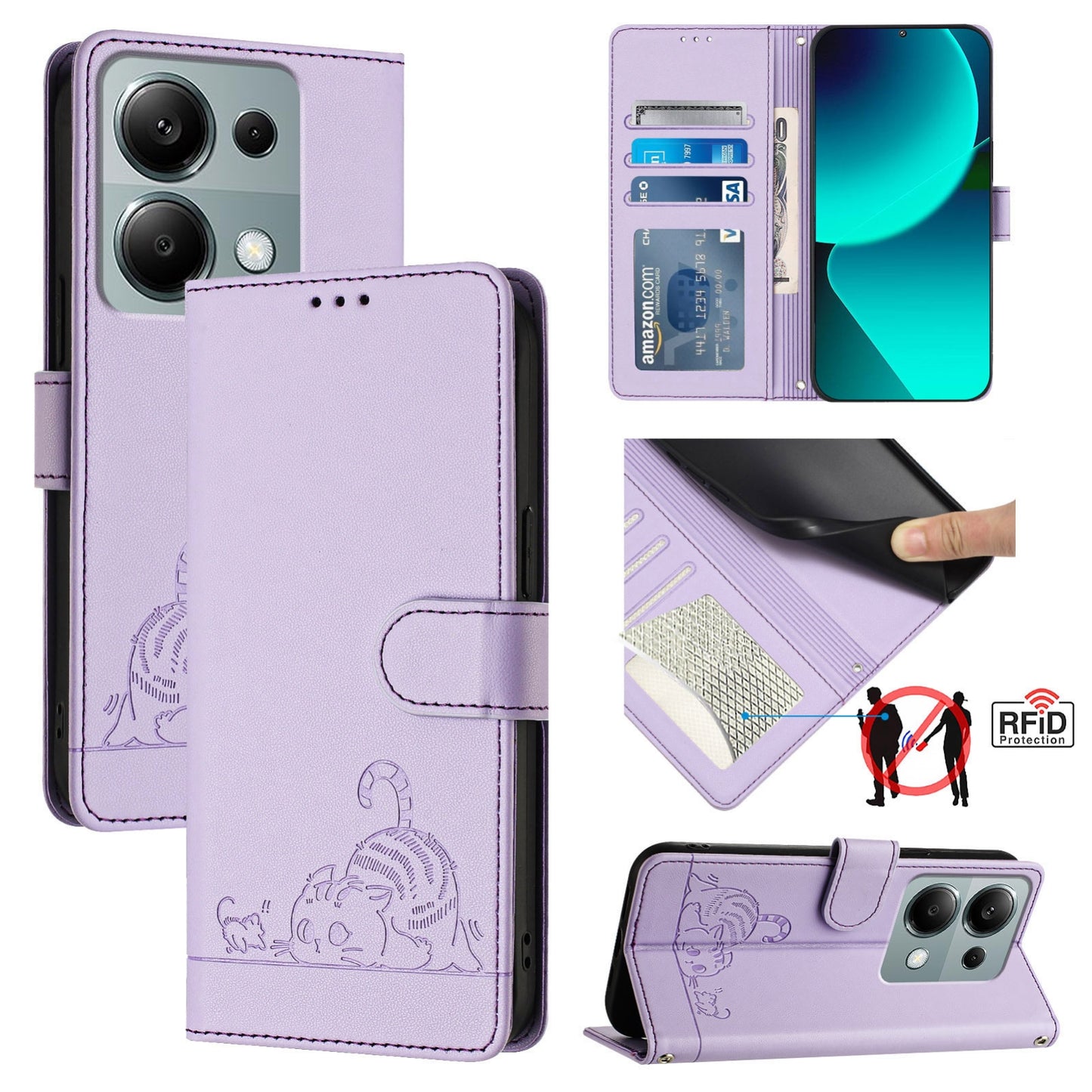 Xiaomi Redmi Note 13 Pro 4G Global Cat and Mouse Embossed PU Leather RFID Case with Wallet Slots, Anti-Fall Protection, Kickstand, and Lanyard-buycases.co.uk