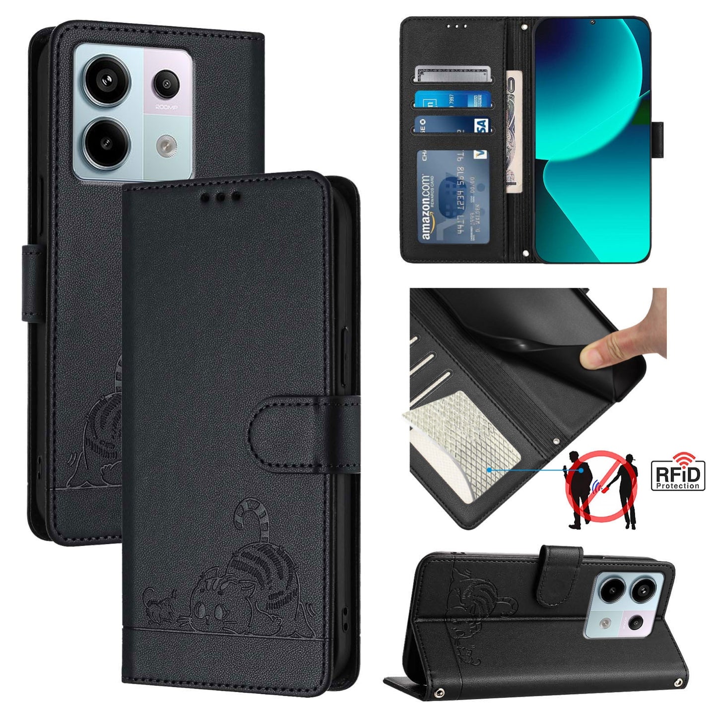 Xiaomi POCO X6 5G Global Cat and Mouse Embossed PU Leather RFID Case with Wallet Slots, Anti-Fall Protection, Kickstand, and Lanyard-buycases.co.uk
