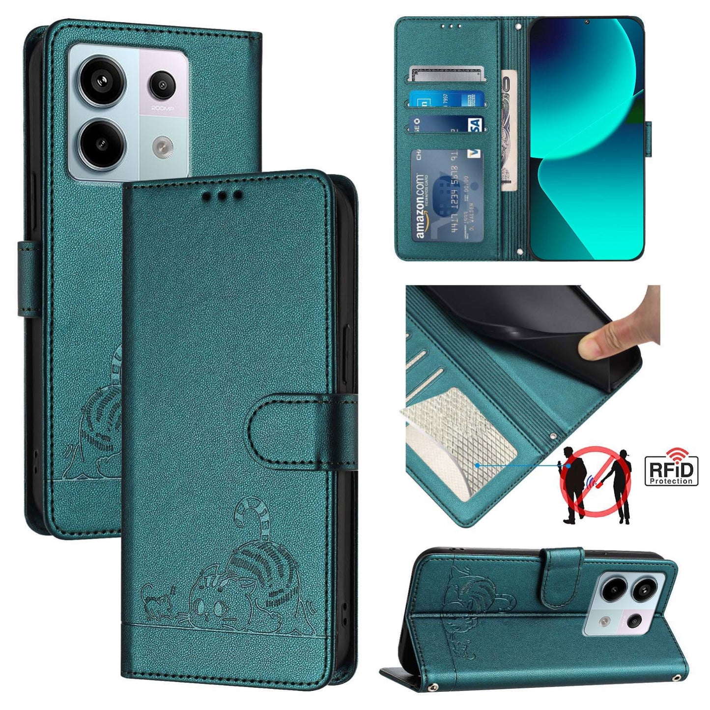 Xiaomi POCO X6 5G Global Cat and Mouse Embossed PU Leather RFID Case with Wallet Slots, Anti-Fall Protection, Kickstand, and Lanyard-buycases.co.uk