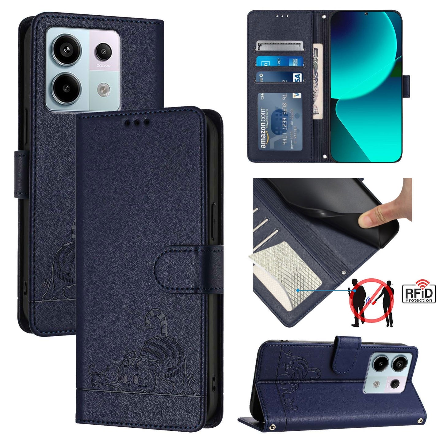 Xiaomi POCO X6 5G Global Cat and Mouse Embossed PU Leather RFID Case with Wallet Slots, Anti-Fall Protection, Kickstand, and Lanyard-buycases.co.uk