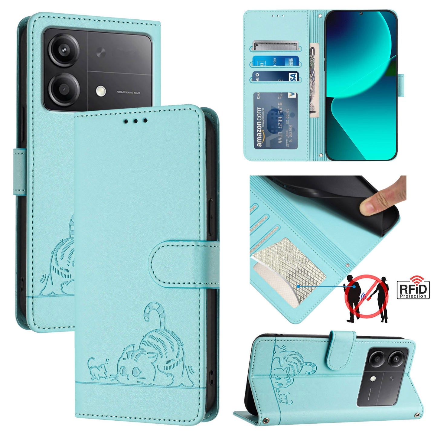 Xiaomi POCO X6 Neo 5G Global Cat and Mouse Embossed PU Leather RFID Case with Wallet Slots, Anti-Fall Protection, Kickstand, and Lanyard-buycases.co.uk
