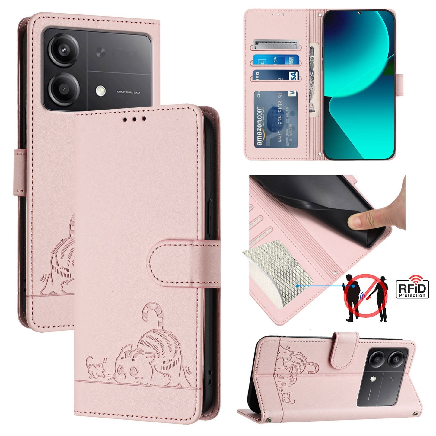 Xiaomi POCO X6 Neo 5G Global Cat and Mouse Embossed PU Leather RFID Case with Wallet Slots, Anti-Fall Protection, Kickstand, and Lanyard-buycases.co.uk