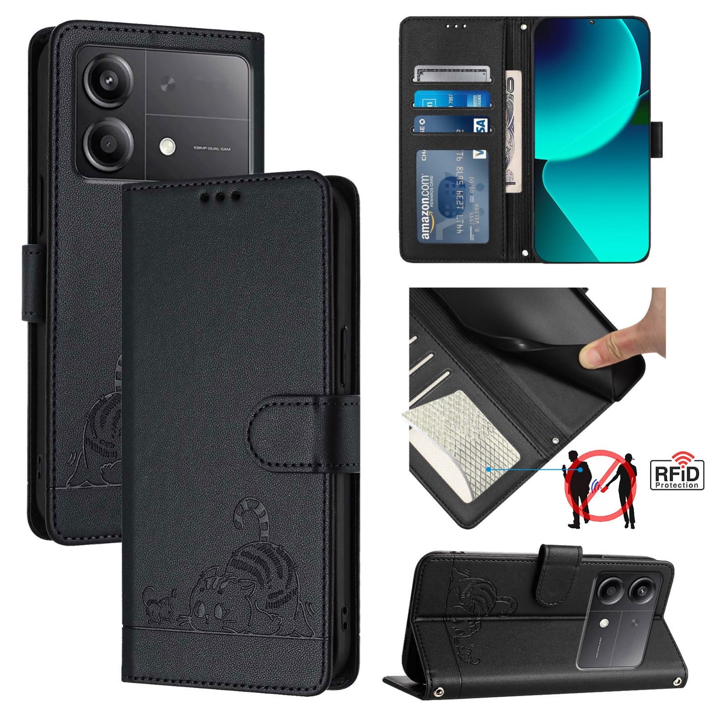 Xiaomi POCO X6 Neo 5G Global Cat and Mouse Embossed PU Leather RFID Case with Wallet Slots, Anti-Fall Protection, Kickstand, and Lanyard-buycases.co.uk