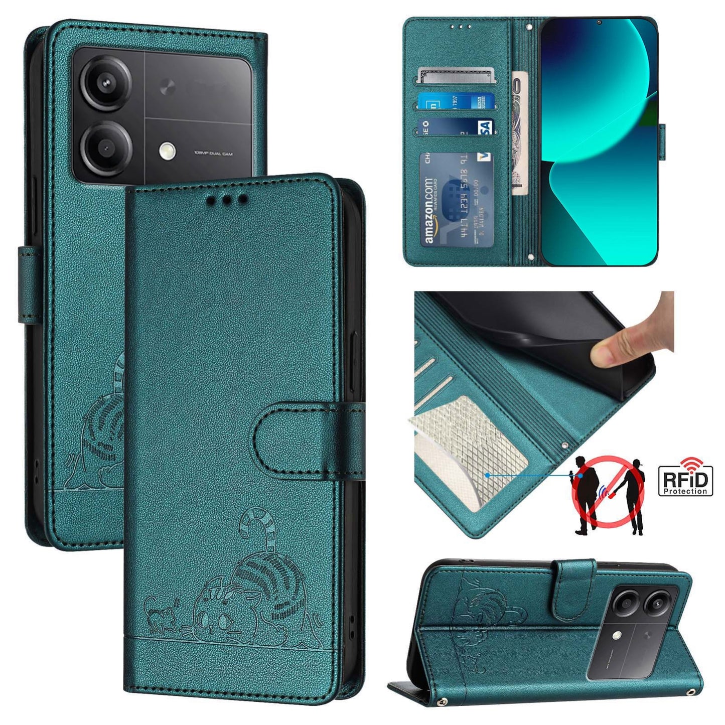 Xiaomi POCO X6 Neo 5G Global Cat and Mouse Embossed PU Leather RFID Case with Wallet Slots, Anti-Fall Protection, Kickstand, and Lanyard-buycases.co.uk