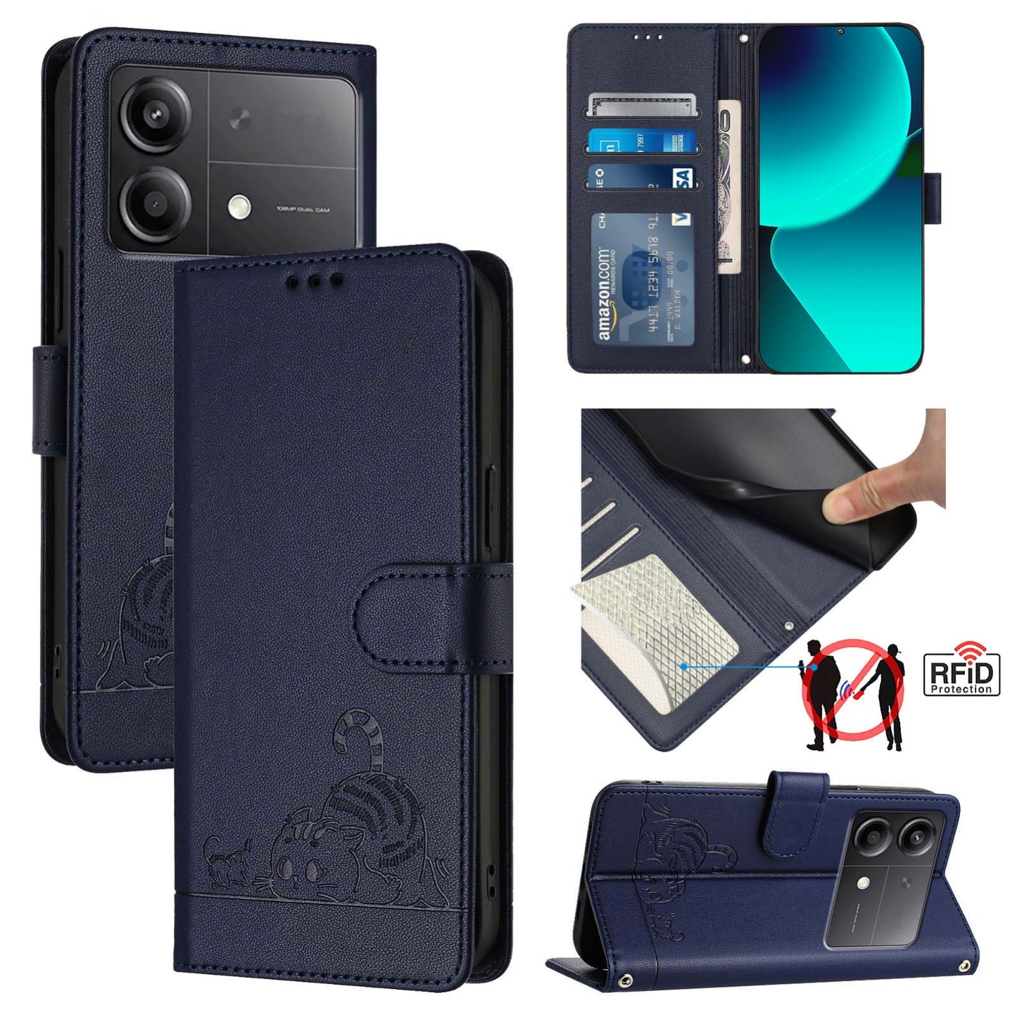 Xiaomi POCO X6 Neo 5G Global Cat and Mouse Embossed PU Leather RFID Case with Wallet Slots, Anti-Fall Protection, Kickstand, and Lanyard-buycases.co.uk
