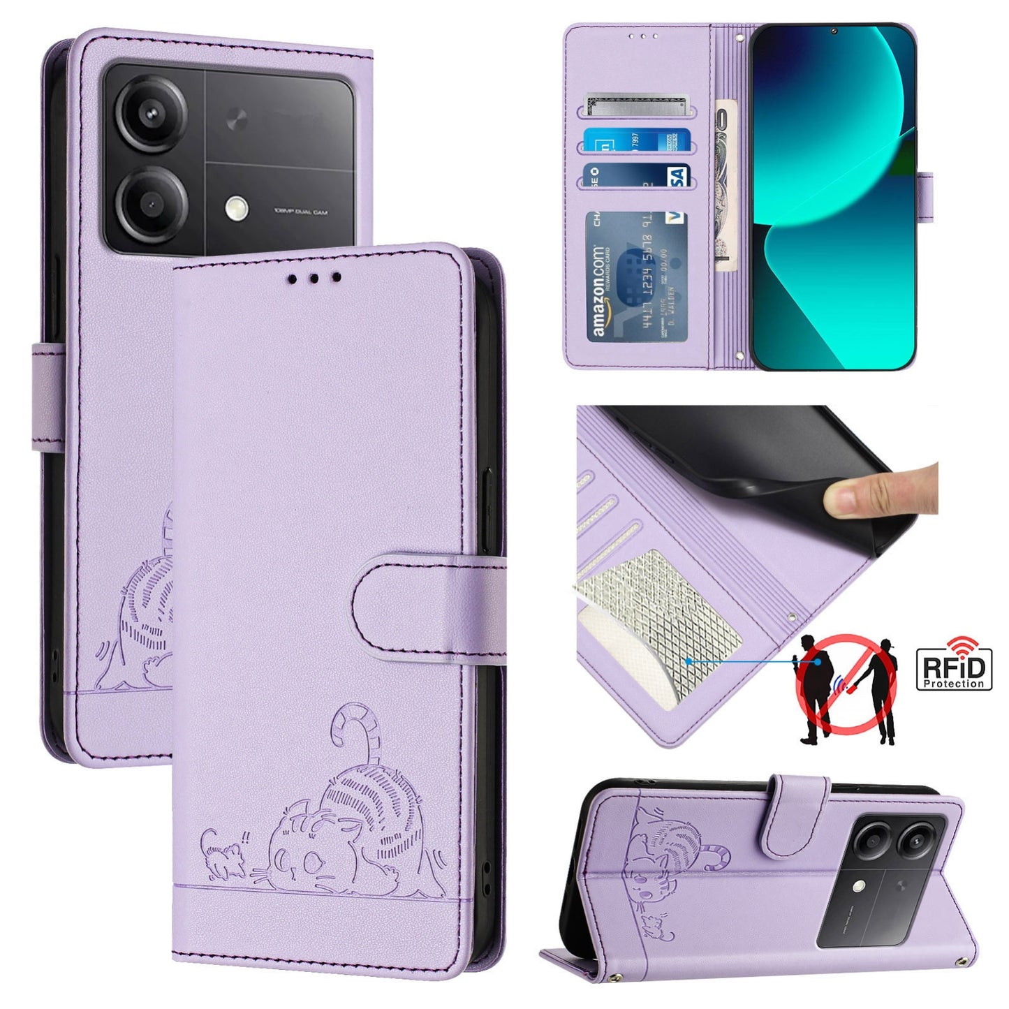 Xiaomi POCO X6 Neo 5G Global Cat and Mouse Embossed PU Leather RFID Case with Wallet Slots, Anti-Fall Protection, Kickstand, and Lanyard-buycases.co.uk