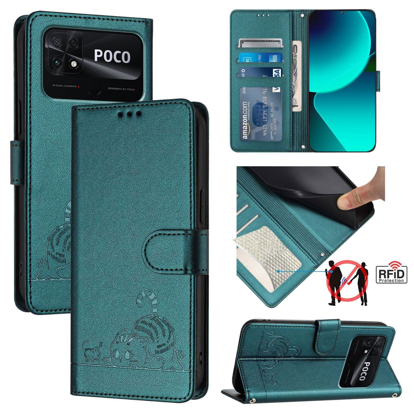 Xiaomi Redmi 10C Cat and Mouse Embossed PU Leather RFID Case with Wallet Slots, Anti-Fall Protection, Kickstand, and Lanyard-buycases.co.uk