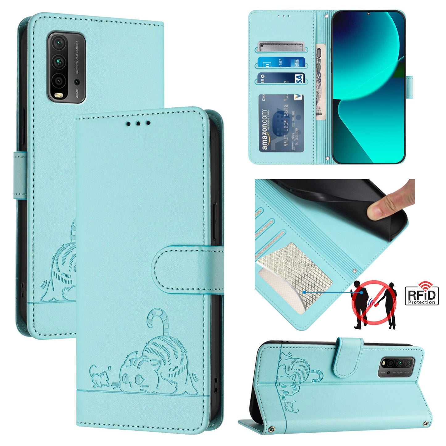 Xiaomi Redmi 9T Cat and Mouse Embossed PU Leather RFID Case with Wallet Slots, Anti-Fall Protection, Kickstand, and Lanyard-buycases.co.uk