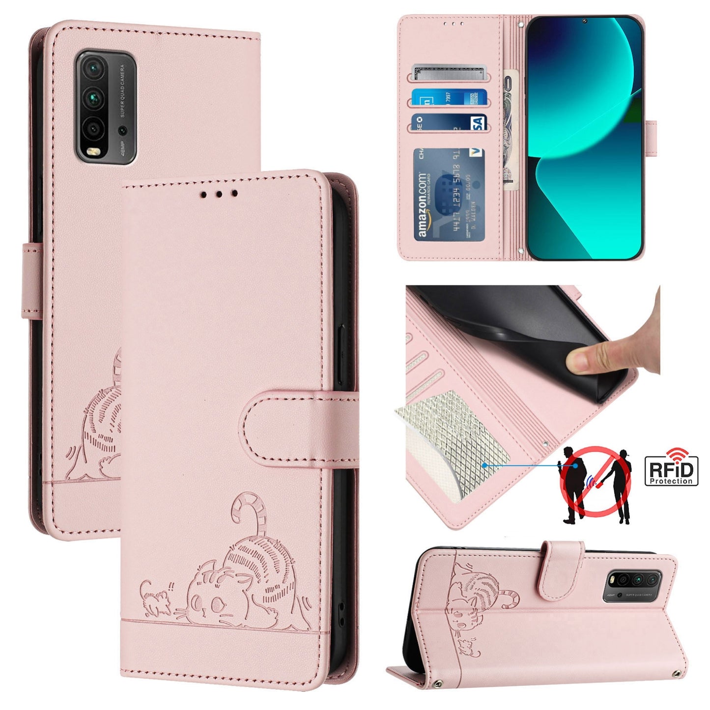 Xiaomi Redmi 9T Cat and Mouse Embossed PU Leather RFID Case with Wallet Slots, Anti-Fall Protection, Kickstand, and Lanyard-buycases.co.uk