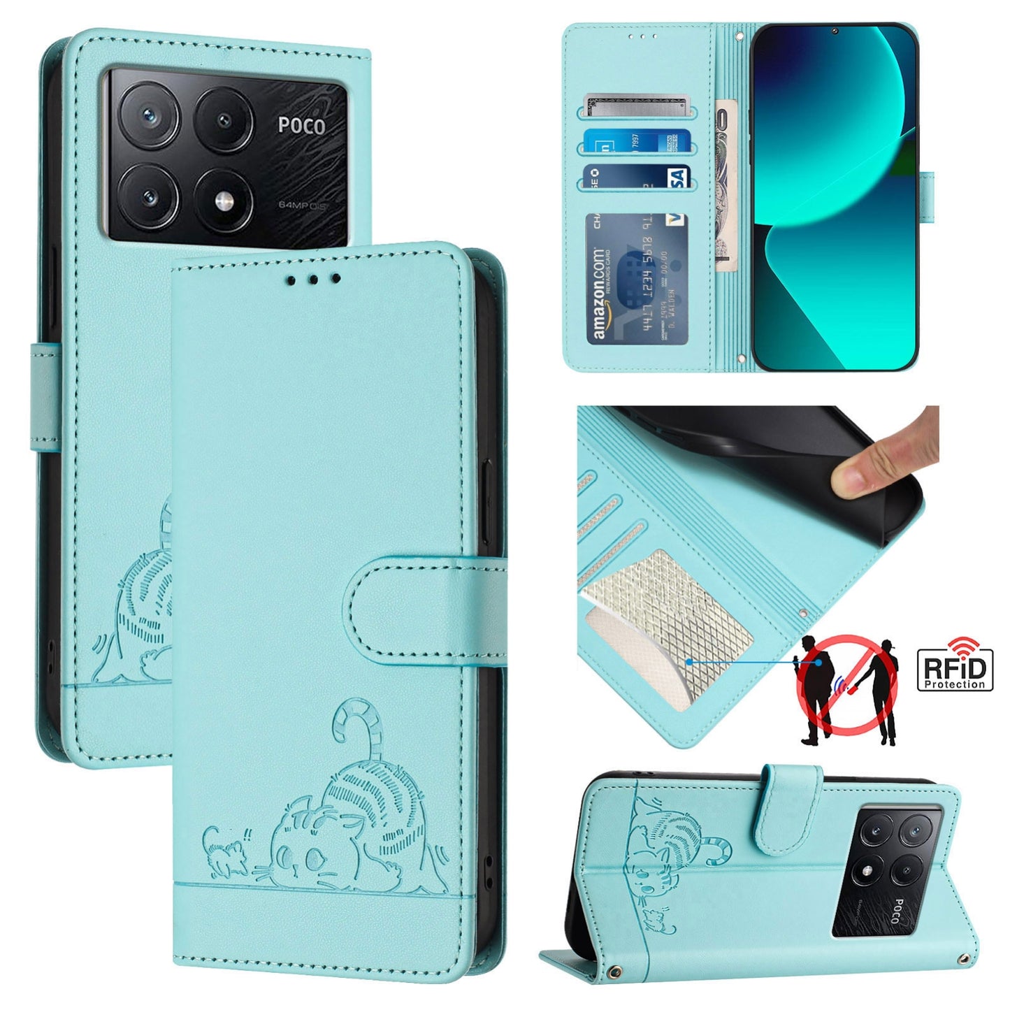 Xiaomi POCO X6 Pro 5G Cat and Mouse Embossed PU Leather RFID Case with Wallet Slots, Anti-Fall Protection, Kickstand, and Lanyard-buycases.co.uk