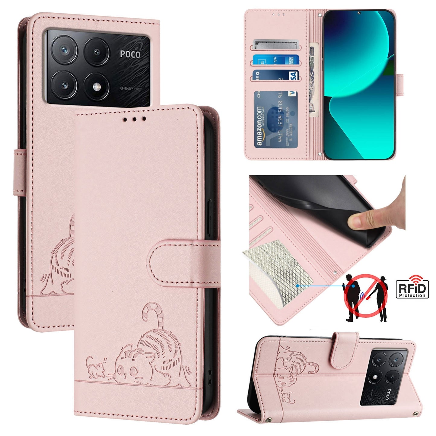 Xiaomi Redmi K70e Cat and Mouse Embossed PU Leather RFID Case with Wallet Slots, Anti-Fall Protection, Kickstand, and Lanyard-buycases.co.uk