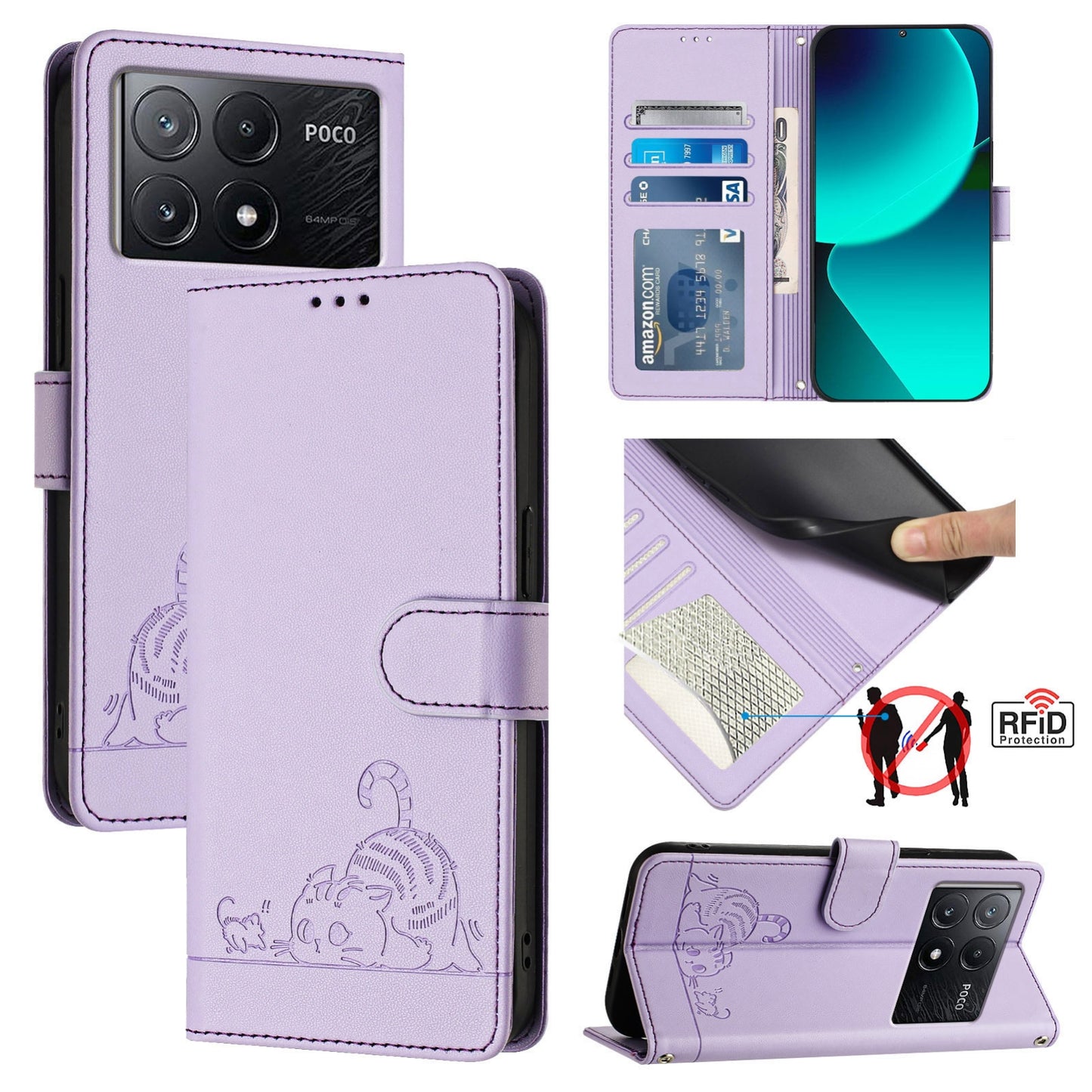 Xiaomi Redmi K70e Cat and Mouse Embossed PU Leather RFID Case with Wallet Slots, Anti-Fall Protection, Kickstand, and Lanyard-buycases.co.uk
