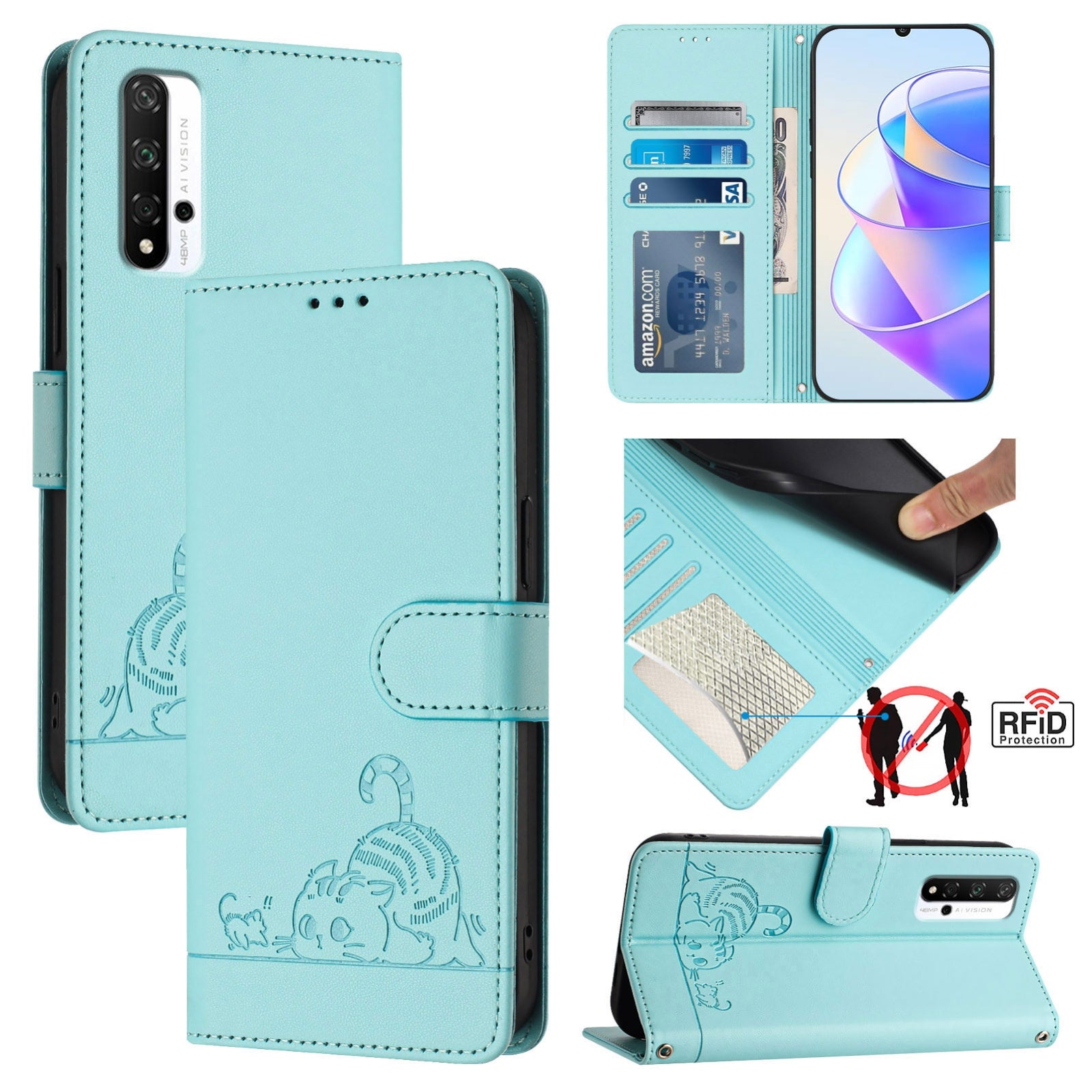 Honor 20 4G Cat and Mouse Embossed PU Leather RFID Case with Wallet Slots, Anti-Fall Protection, Kickstand, and Lanyard-buycases.co.uk
