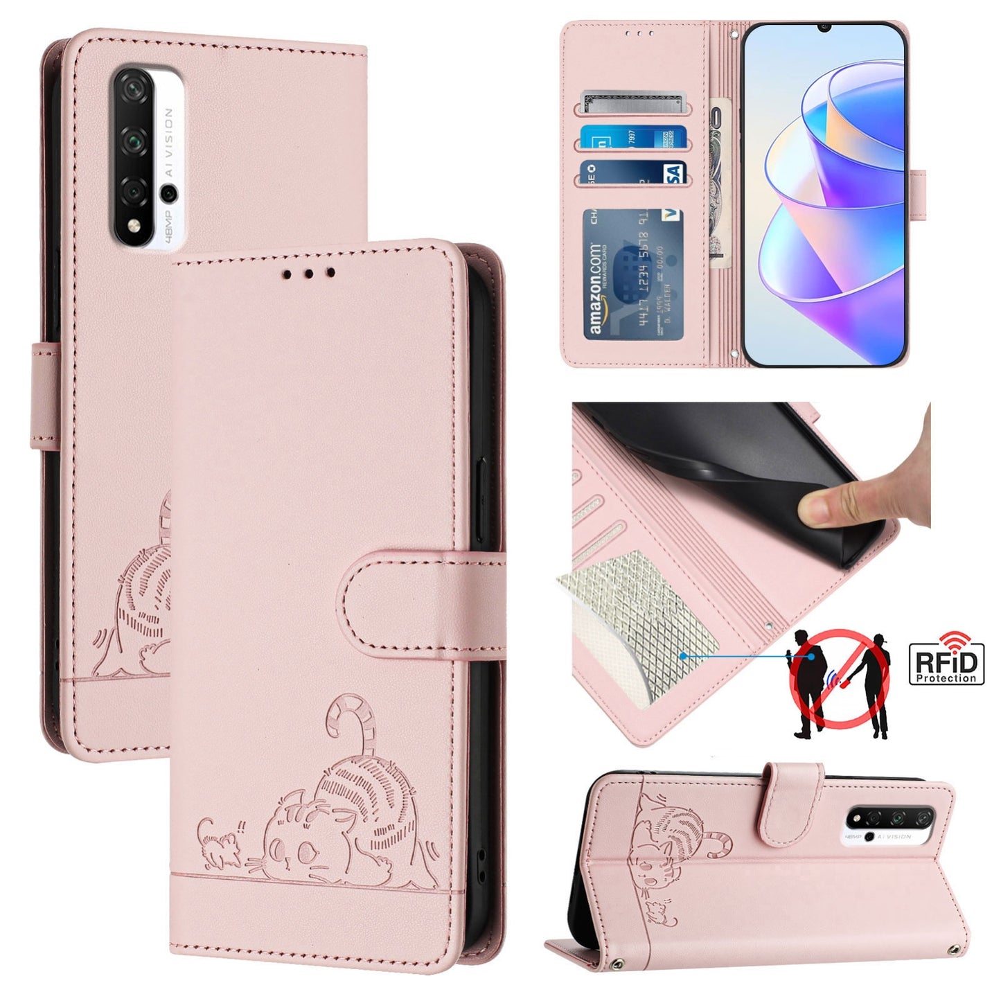 Honor 20S 4G Cat and Mouse Embossed PU Leather RFID Case with Wallet Slots, Anti-Fall Protection, Kickstand, and Lanyard-buycases.co.uk