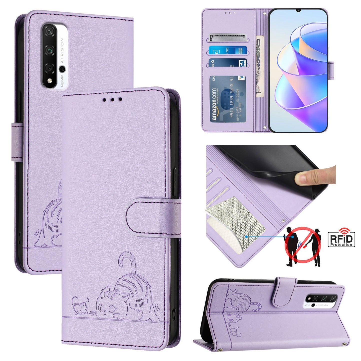 Honor 20S 4G Cat and Mouse Embossed PU Leather RFID Case with Wallet Slots, Anti-Fall Protection, Kickstand, and Lanyard-buycases.co.uk