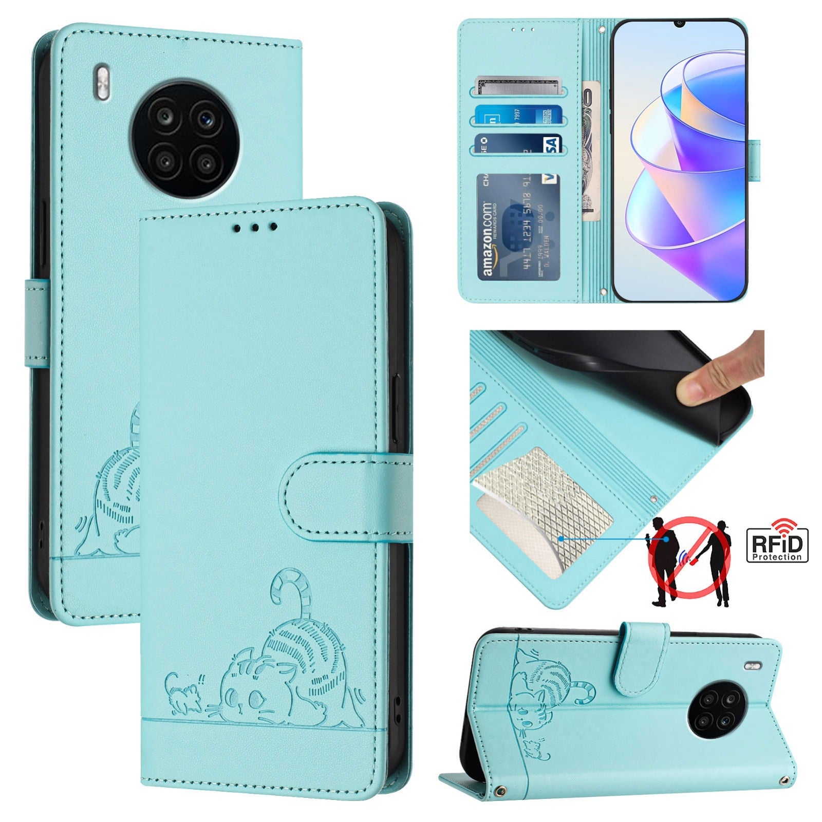 Honor 50 Lite Cat and Mouse Embossed PU Leather RFID Case with Wallet Slots, Anti-Fall Protection, Kickstand, and Lanyard-buycases.co.uk
