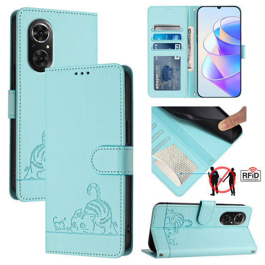 Honor 50 SE Cat and Mouse Embossed PU Leather RFID Case with Wallet Slots, Anti-Fall Protection, Kickstand, and Lanyard-buycases.co.uk