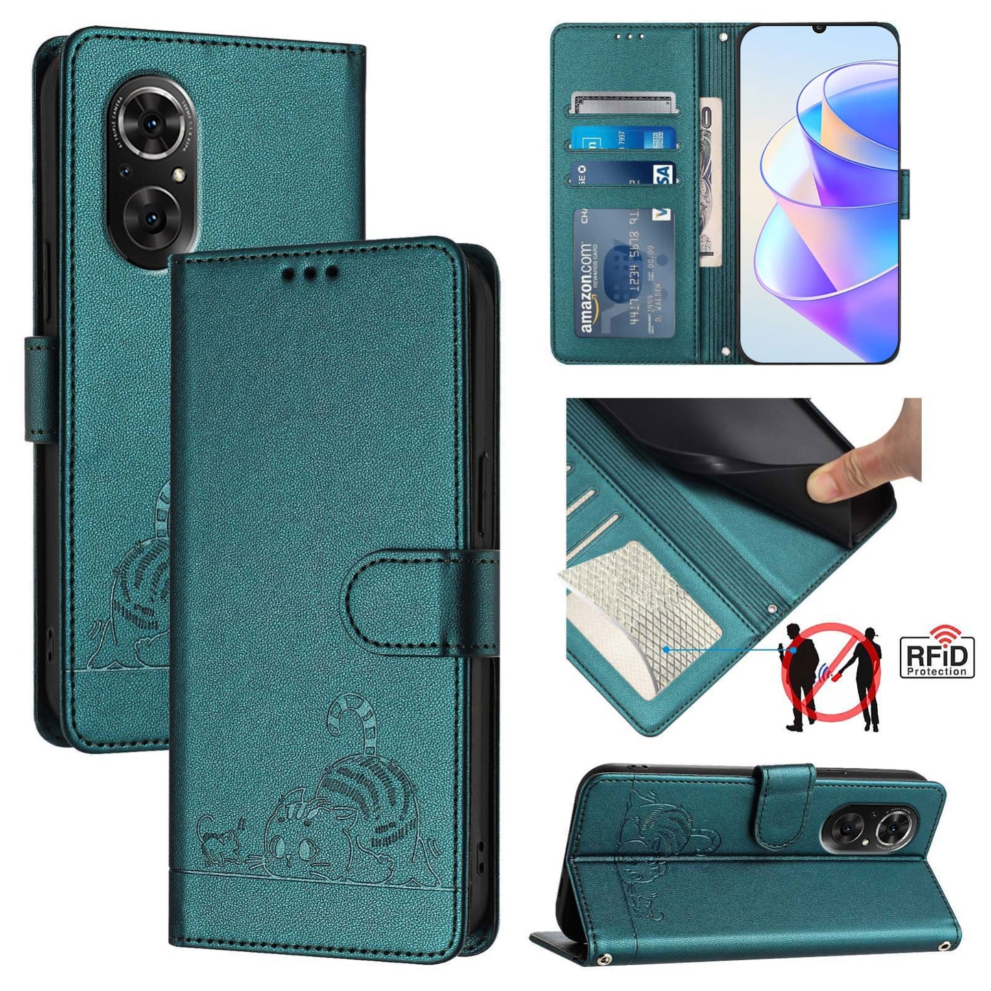 Honor 50 SE Cat and Mouse Embossed PU Leather RFID Case with Wallet Slots, Anti-Fall Protection, Kickstand, and Lanyard-buycases.co.uk