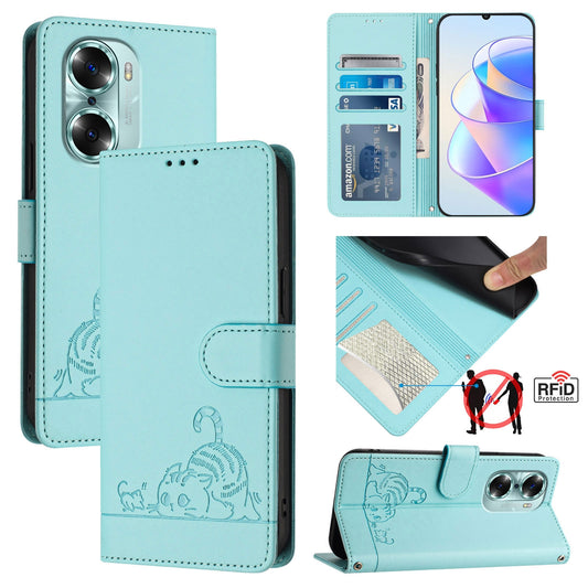 Honor 60 5G Cat and Mouse Embossed PU Leather RFID Case with Wallet Slots, Anti-Fall Protection, Kickstand, and Lanyard-buycases.co.uk