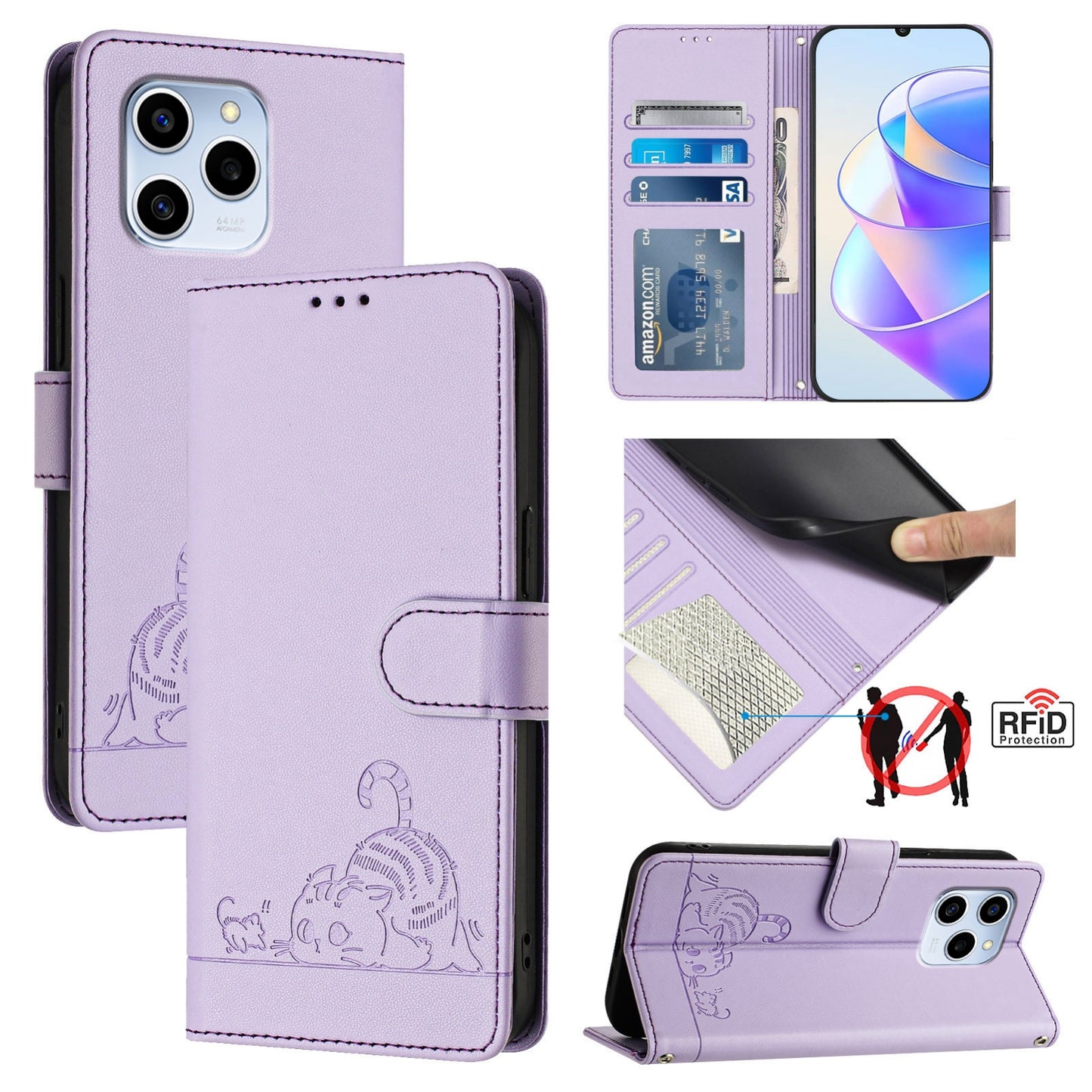 Honor 60 SE 5G Cat and Mouse Embossed PU Leather RFID Case with Wallet Slots, Anti-Fall Protection, Kickstand, and Lanyard-buycases.co.uk