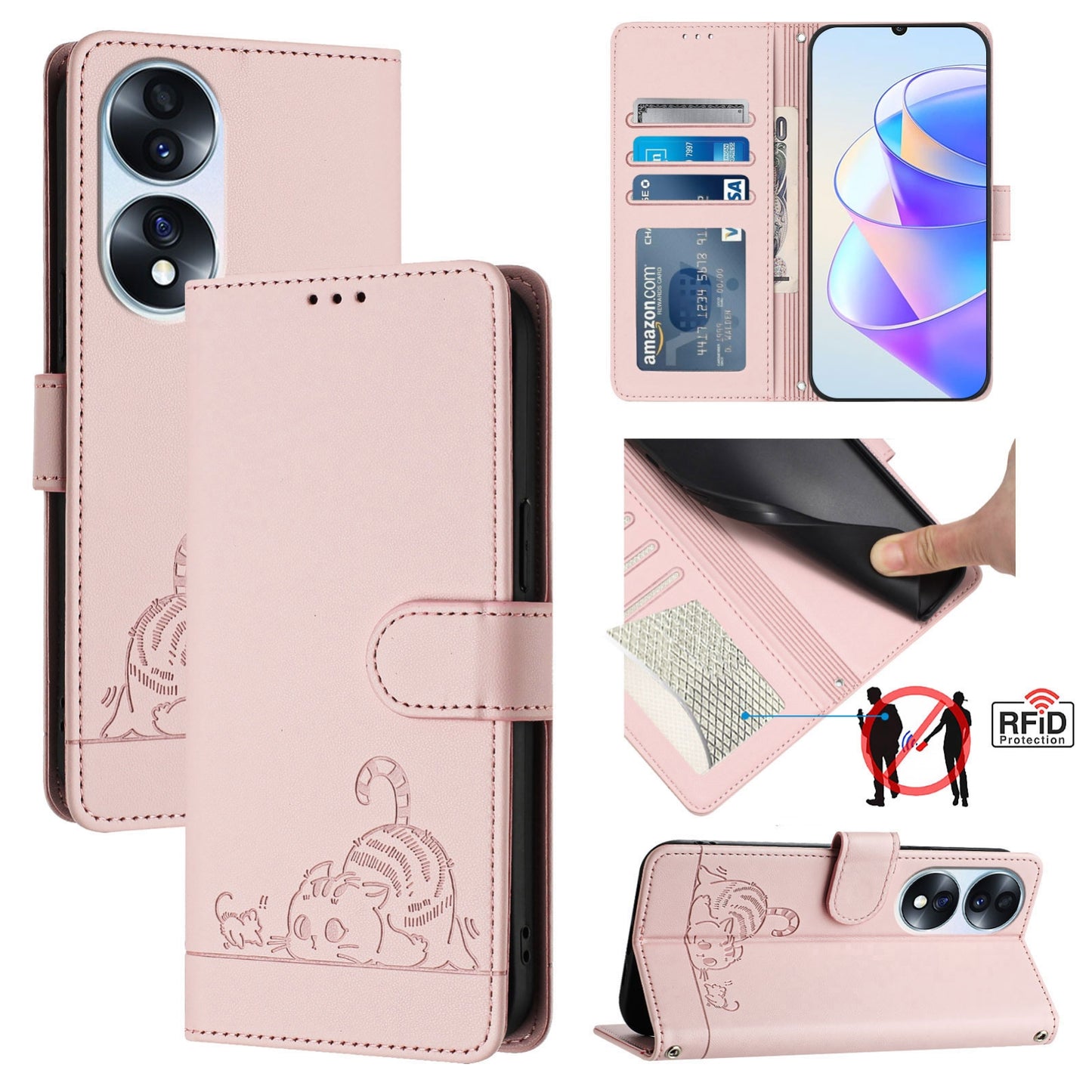 Honor 70 5G Cat and Mouse Embossed PU Leather RFID Case with Wallet Slots, Anti-Fall Protection, Kickstand, and Lanyard-buycases.co.uk