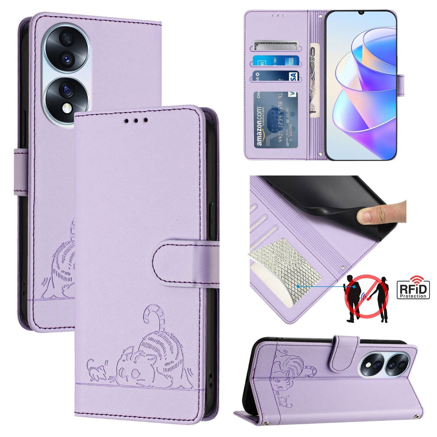 Honor 70 5G Cat and Mouse Embossed PU Leather RFID Case with Wallet Slots, Anti-Fall Protection, Kickstand, and Lanyard-buycases.co.uk