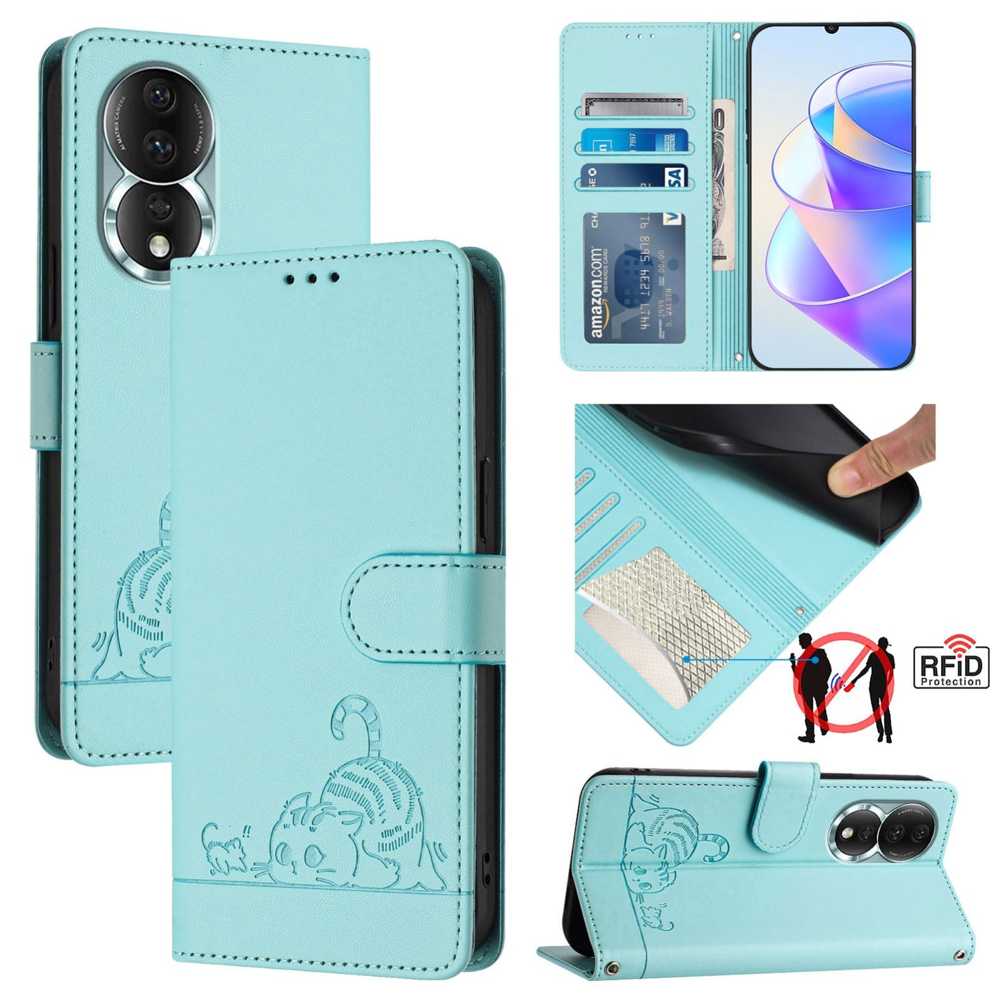 Honor 80 5G Cat and Mouse Embossed PU Leather RFID Case with Wallet Slots, Anti-Fall Protection, Kickstand, and Lanyard-buycases.co.uk