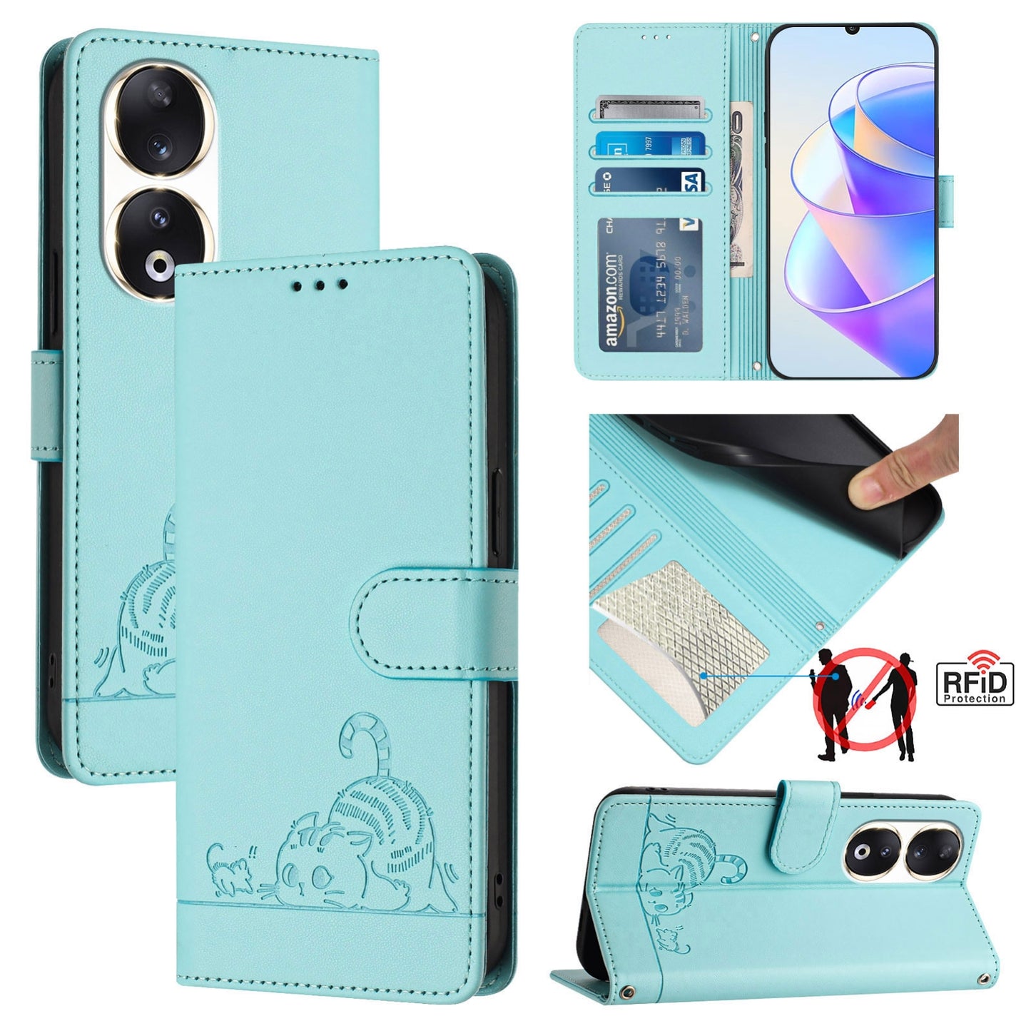 Honor 90 5G Cat and Mouse Embossed PU Leather RFID Case with Wallet Slots, Anti-Fall Protection, Kickstand, and Lanyard-buycases.co.uk