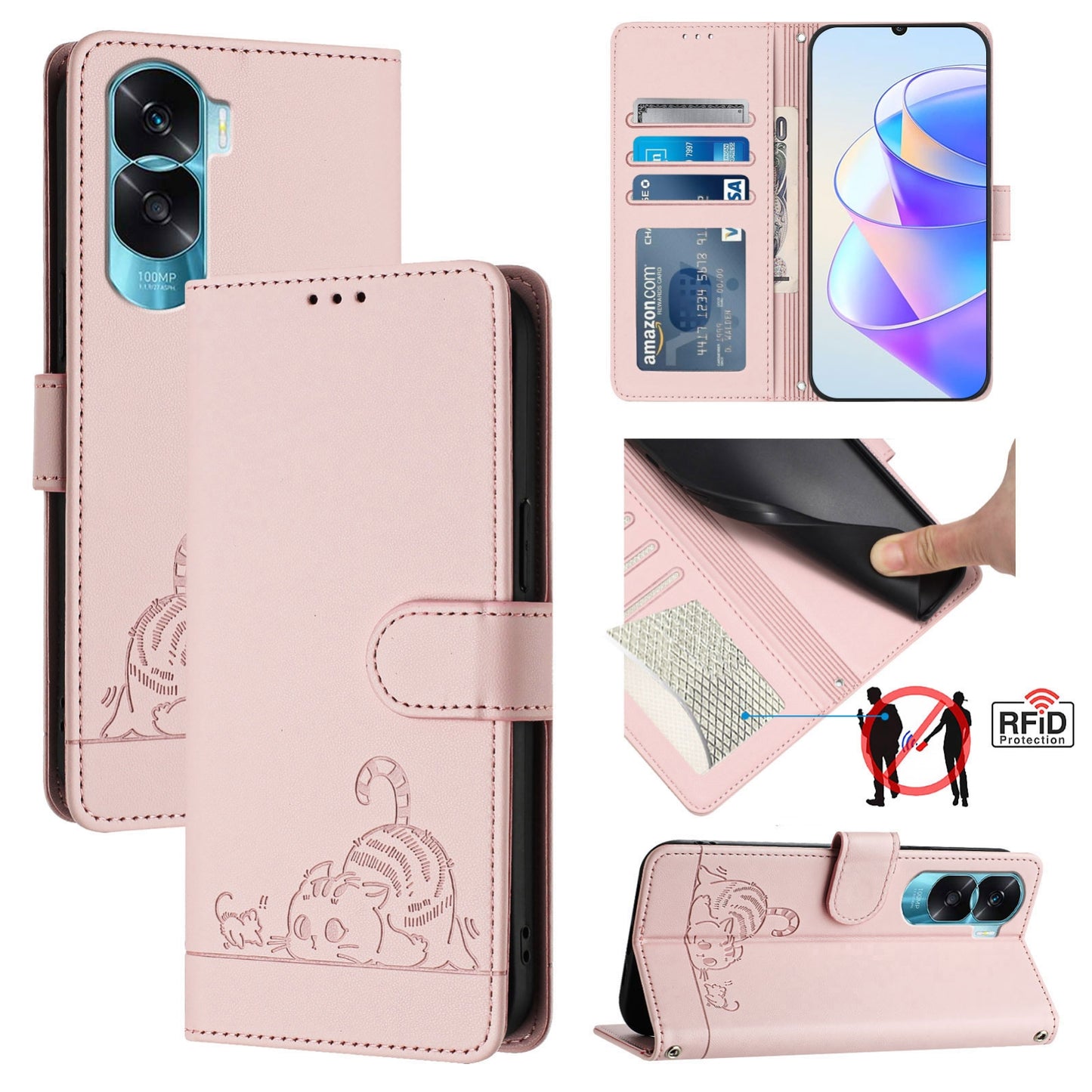 Honor 90 Lite 5G Cat and Mouse Embossed PU Leather RFID Case with Wallet Slots, Anti-Fall Protection, Kickstand, and Lanyard-buycases.co.uk
