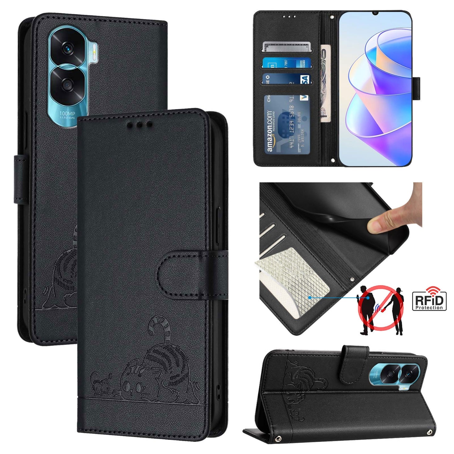 Honor 90 Lite 5G Cat and Mouse Embossed PU Leather RFID Case with Wallet Slots, Anti-Fall Protection, Kickstand, and Lanyard-buycases.co.uk