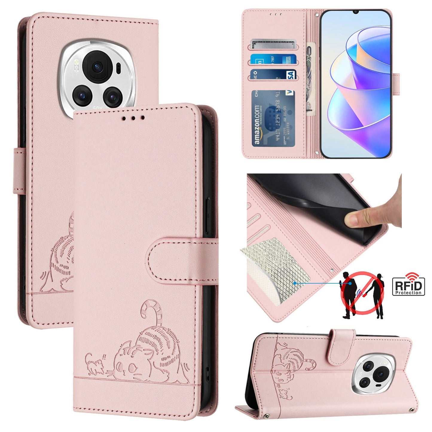 Honor Magic6 5G Global Cat and Mouse Embossed PU Leather RFID Case with Wallet Slots, Anti-Fall Protection, Kickstand, and Lanyard-buycases.co.uk