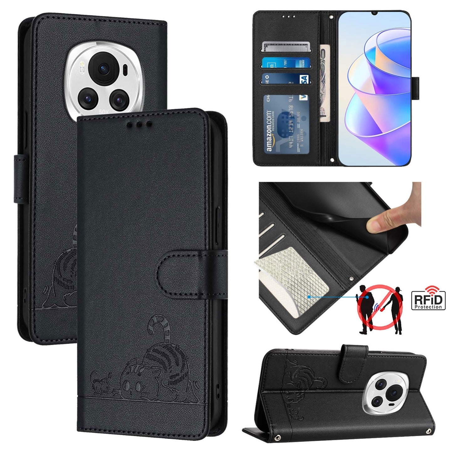 Honor Magic6 5G Global Cat and Mouse Embossed PU Leather RFID Case with Wallet Slots, Anti-Fall Protection, Kickstand, and Lanyard-buycases.co.uk