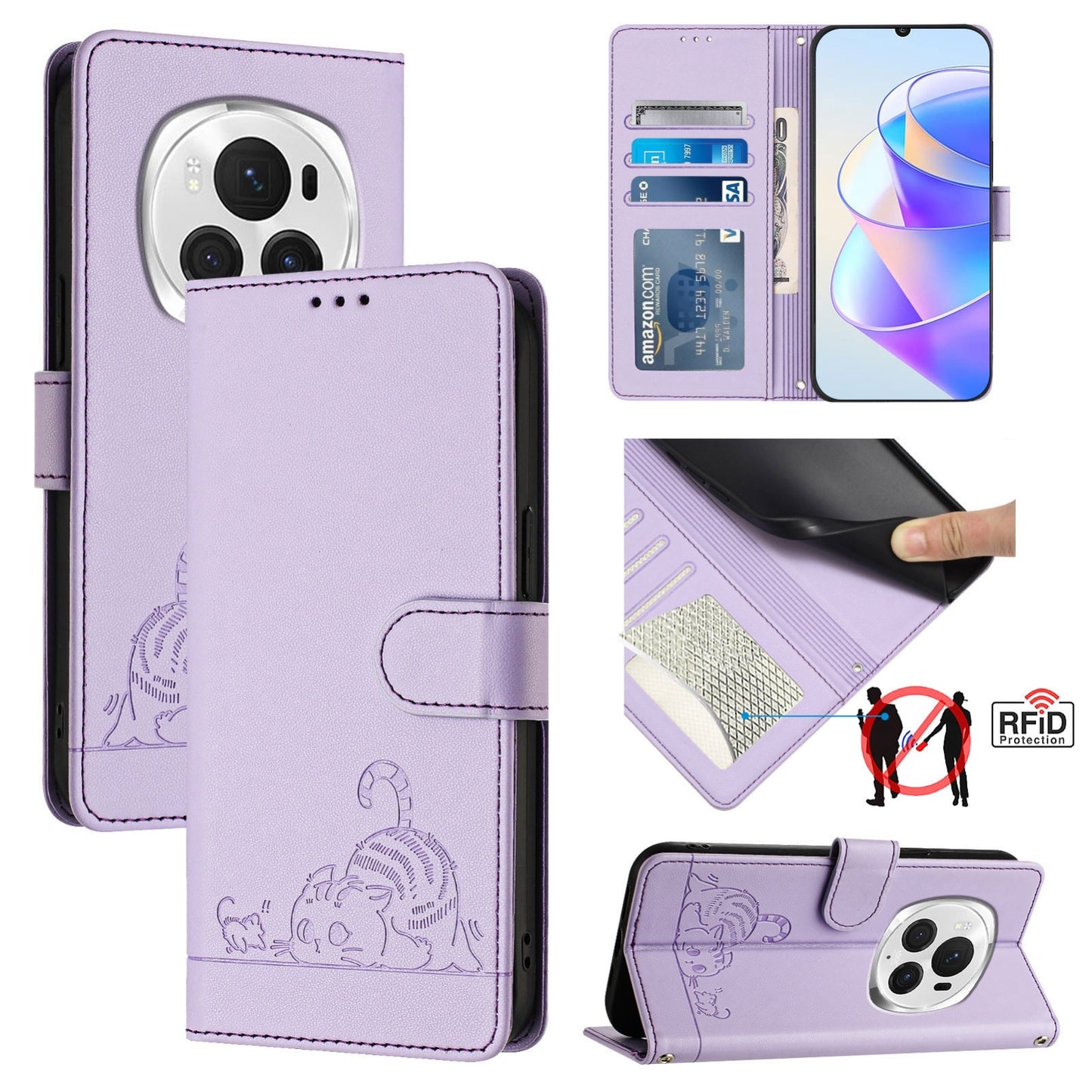 Honor Magic6 Pro 5G Global Cat and Mouse Embossed PU Leather RFID Case with Wallet Slots, Anti-Fall Protection, Kickstand, and Lanyard-buycases.co.uk