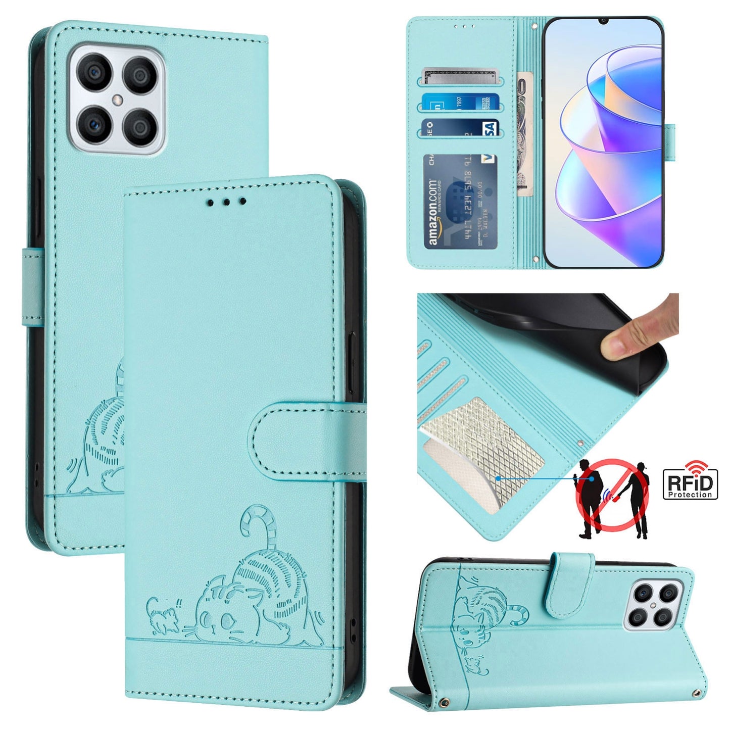 Honor X30i 5G Cat and Mouse Embossed PU Leather RFID Case with Wallet Slots, Anti-Fall Protection, Kickstand, and Lanyard-buycases.co.uk